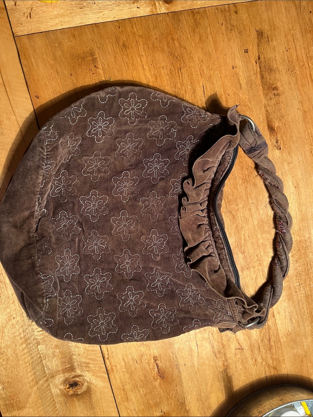Brown Suede Floral Embroidered Hobo Bag